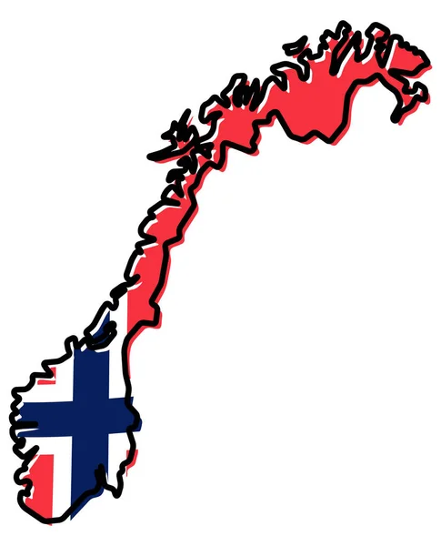 Mapa simplificado del contorno de Noruega, con la bandera ligeramente doblada bajo — Vector de stock