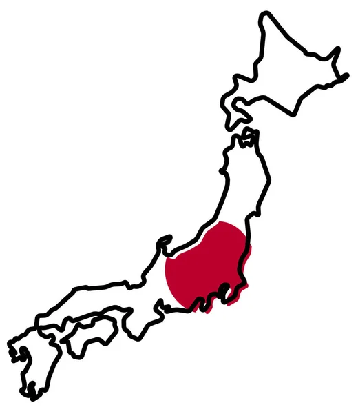 Vereenvoudigde kaart van Japan Outline, met enigszins gebogen vlag onder i — Stockvector