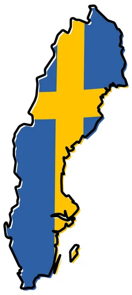 Zjednodušená mapa švédského obrysu, s mírně ohnutou vlajkou pod — Stockový vektor