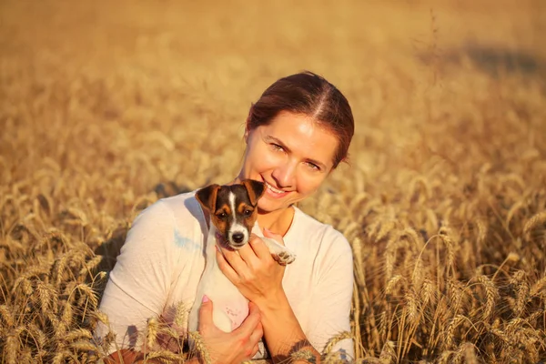 Молодая женщина держит Джека Рассела щенка терьера на руке, на корме — стоковое фото