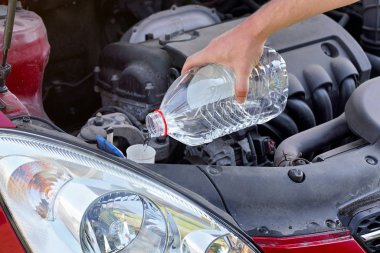 Adam arabada yıkama sıvısı için distile su ekolojik alternatif dökme, elinde net plastik şişe tutan detay
