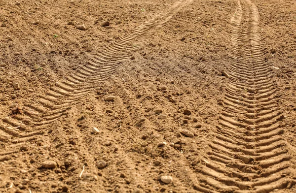 Отпечаток тракторной шины в сухом поле, освещенный солнцем . — стоковое фото