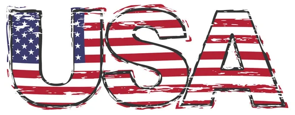 Слово США с американским флагом под ним, угрюмо ухмыляющийся взгляд . — стоковый вектор