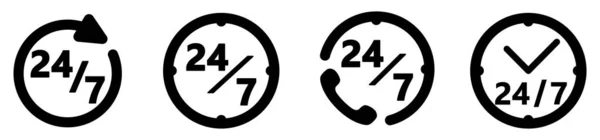 Ícone de serviços 24 / 7. Desenho simples círculo / relógio com texto. Fu... — Vetor de Stock