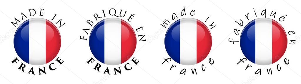 Simple Made in France/ French translation 3D button sign. Text a