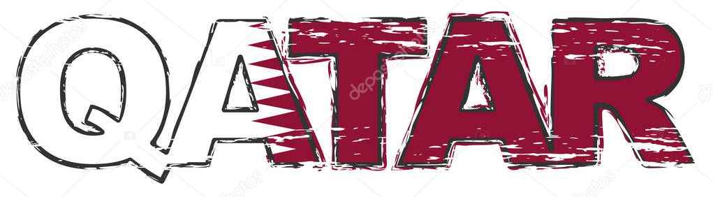 Word QATAR with national flag under it, distressed grunge look.