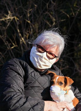 Yaşlı, virüs maskesi takan yaşlı bir kadın köpeğiyle birlikte parkta oturuyor ve basit bir solunum cihazı takıyor. Evcil hayvanlar Coronavirus covid-19 'a karşı savunmasız değildir ama yine de bazı sahipleri onları korur.