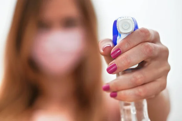 Woman Hand Holding Cleaning Disinfect Cleaning Spray Pointing Camera Blurred — Stock Photo, Image