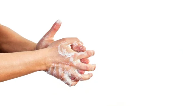 Молодой Человек Моет Руки Мылом Подробности Крупным Планом Мыльных Пузырьках — стоковое фото