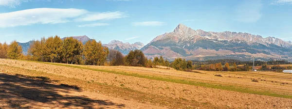 Mount Krivan topp slovakiska symbol med suddiga höstfärgade träd och torrt fält i förgrunden brett panorama, Typisk höst landskap Liptov region, Slovakien — Stockfoto