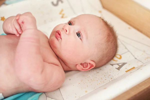 Months Old Infant Baby Boy Changing Table Detail His Head — Stock Photo, Image