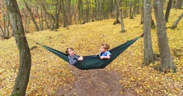 Šťastné Děti Těší Podzimní Den Lese Houpat Houpací Síti — Stock video