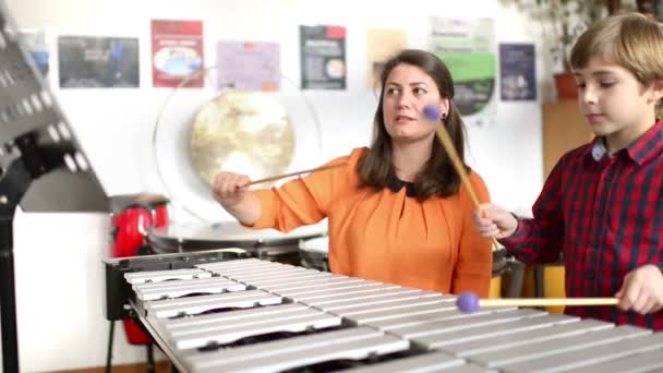 Miúdo Estudar Percussão Instrumento Vibrafone Professor Lado Dele — Vídeo de Stock