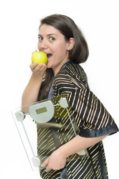 Γυναίκα Που Κρατά Ένα Μήλο Και Μια Κλίμακα Έτοιμο Για — Φωτογραφία Αρχείου