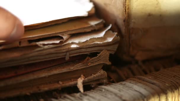 Αναζήτηση Χεριών Μέσα Από Παλιά Σκονισμένα Αποθηκευμένα Χειρόγραφα — Αρχείο Βίντεο