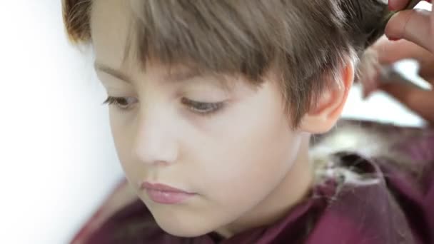 Bonito Menino Inocente Barbearia — Vídeo de Stock