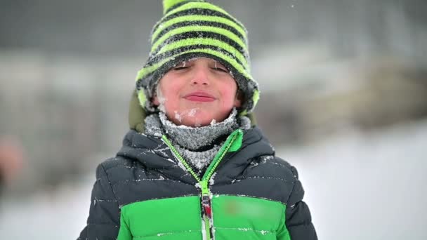 Söt Lycklig Pojke Leende Med Rodnande Snöiga Ansikte Vintertid — Stockvideo