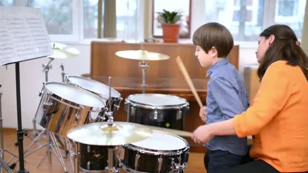 Kid Studying Drums School Teacher Next Him — Stock Video