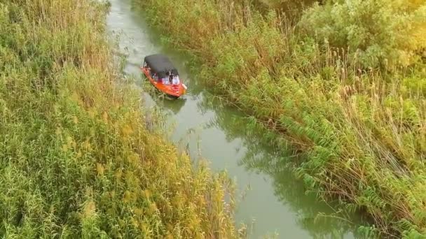 Turisté Lodi Kanálu Ciotica Delta Dunaj Letecký Pohled Rumunsko — Stock video