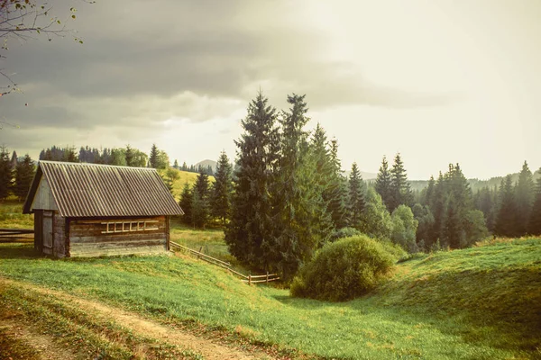 Oude Houten Huis Met Een Houten Hek Een Bos Bergen — Stockfoto