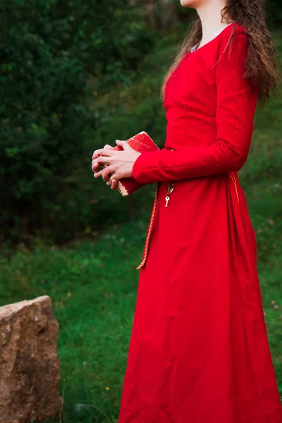Girl Historic Red Dress Book Green Forest — Stock Photo, Image