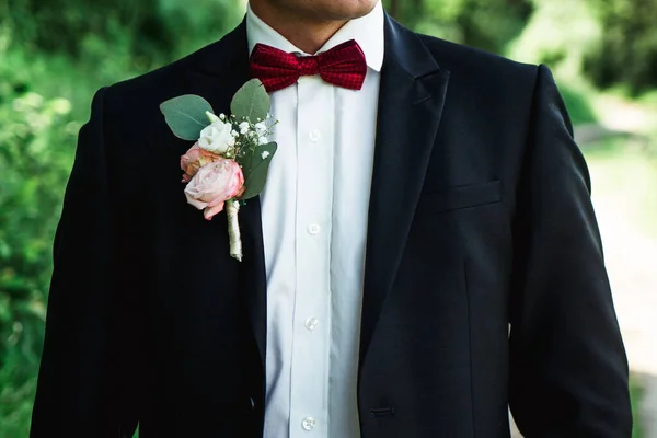 groom with a boutonniere, in a suit and a red bow-tie in the garden