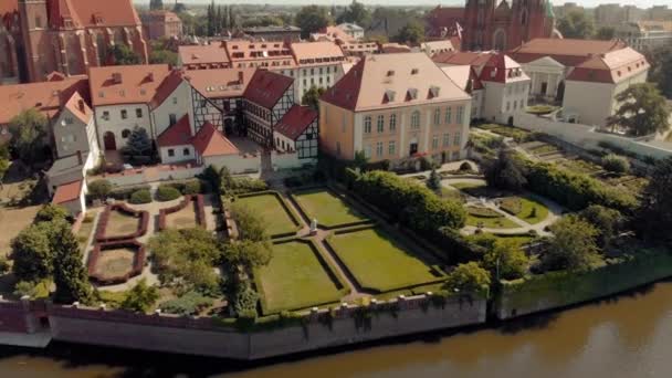 Polen Wroclaw Ostrow Tumski Park Rivier Odra Luchtfoto Video — Stockvideo