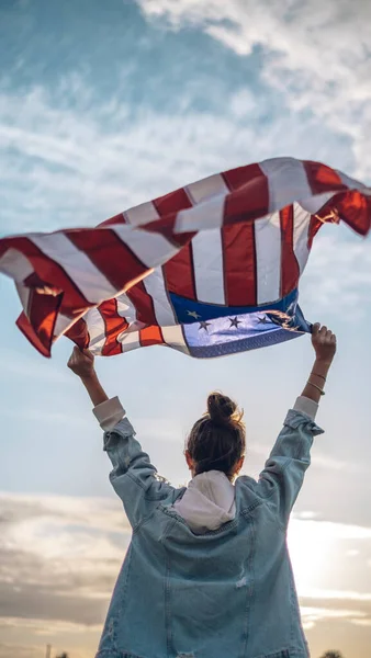 Portrait Young Beautiful Woman Glasses Jeans Waving American Flag Her — Stock Photo, Image