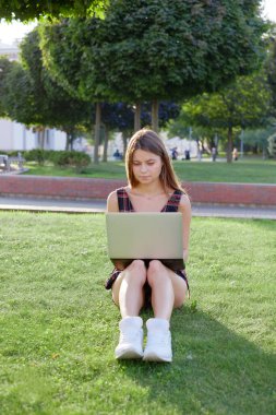 Parkta yeşil çimlerin üzerinde dizüstü bilgisayar kullanan genç bir kadın. Boş zaman aktivite kavramı. 