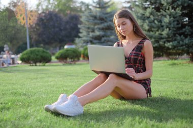 Parkta yeşil çimlerin üzerinde dizüstü bilgisayar kullanan genç bir kadın. Boş zaman aktivite kavramı. 