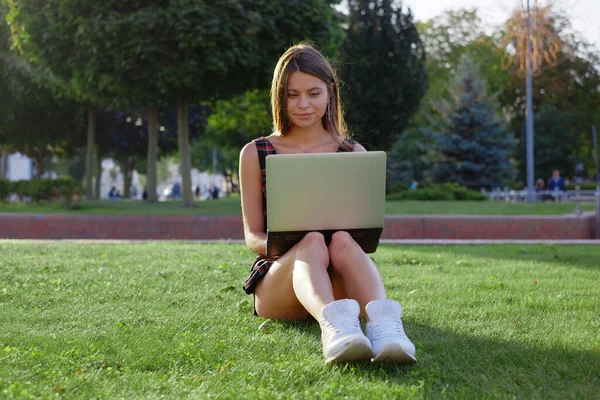 Parkta yeşil çimlerin üzerinde dizüstü bilgisayar kullanan genç bir kadın. Boş zaman aktivite kavramı. 