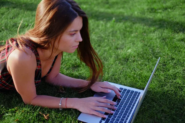 Parkta yeşil çimlerin üzerinde dizüstü bilgisayar kullanan genç bir kadın. Boş zaman aktivite kavramı. 