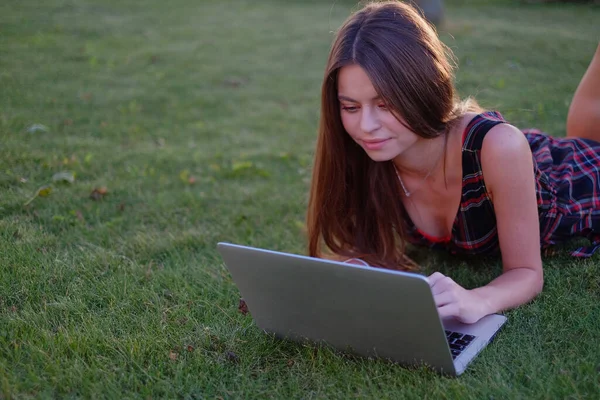 Parkta yeşil çimlerin üzerinde dizüstü bilgisayar kullanan genç bir kadın. Boş zaman aktivite kavramı. 