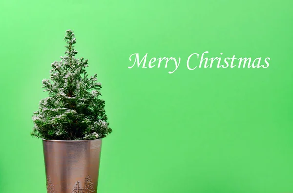 绿色背景上的迷你圣诞树 简约的概念 — 图库照片
