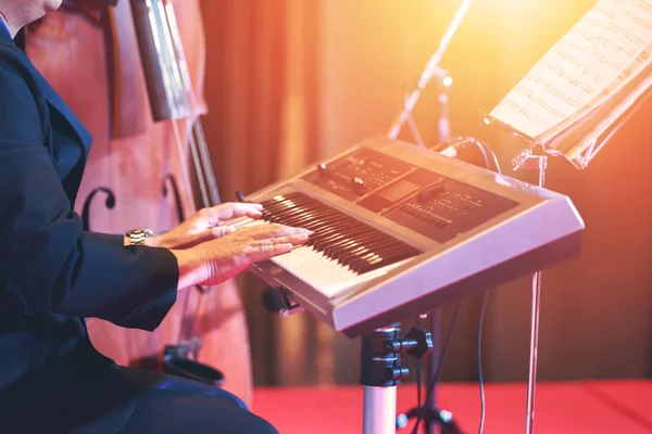 people play keyboard music on stage.