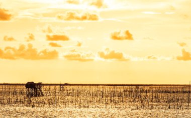 Gün batımı ile altın saat denizde balıkçı evde.