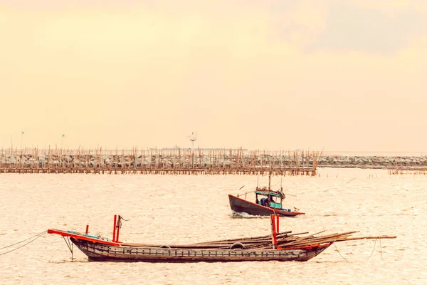 Bateau Pêche Bois Dans Mer Coucher Soleil Chonburi Thaïlande — Photo