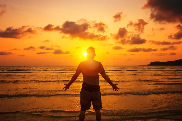 Silhouette Man Raising His Hands Open Arms Sunset Sunlight — Stock Photo, Image