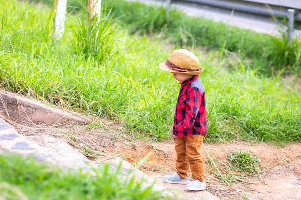 Niño Usa Sombrero Camina Por Escalera Niño Sostiene Flor Cerca —  Fotos de Stock