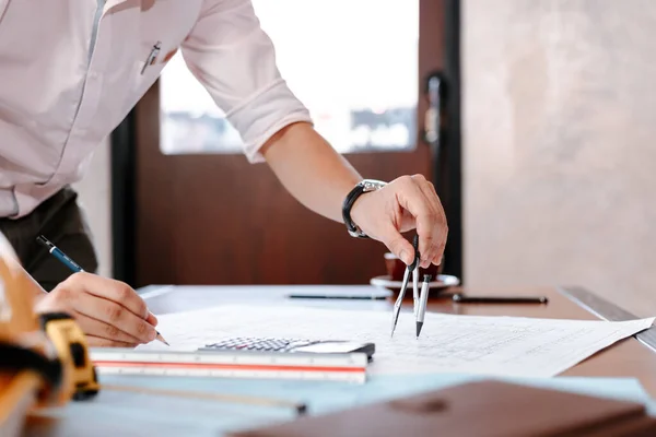 Architect Using Divider Compass Working Blueprint Blueprints Ruler Calculator Safety — Stock Photo, Image