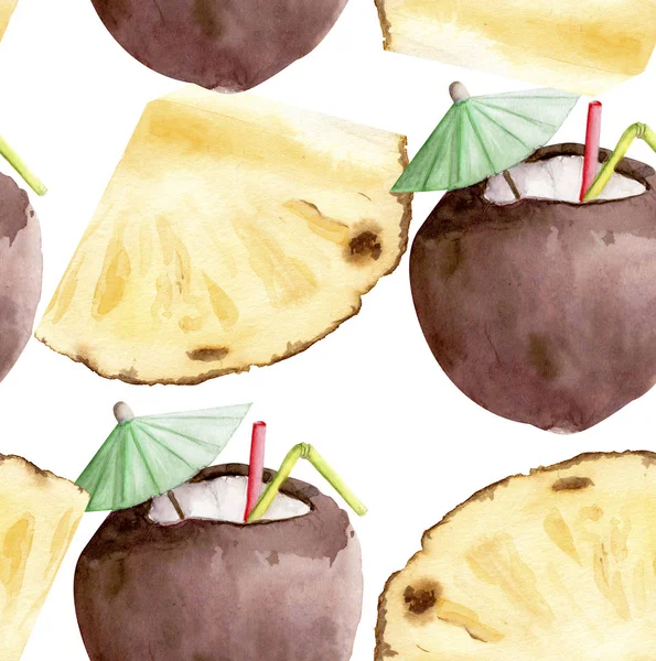 Hand drawn watercolor illustration seamless pattern repeated tropical exotic pina colada coconut cocktail pineapple slice