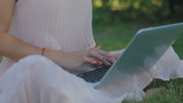 美丽的长头发微笑的女孩与牙套工程在现代笔记本电脑在绿色的夏季公园 — 图库视频影像