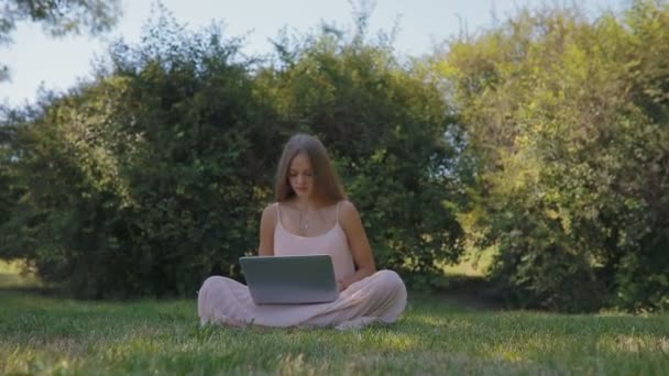 Γυναίκα Μακριά Μαλλιά Που Κάθεται Στο Γρασίδι Φορητό Υπολογιστή — Αρχείο Βίντεο