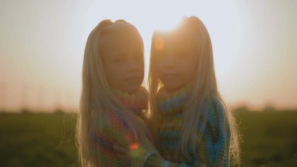 Irmãs Pequenas Bonitos Divertindo Campo Verão Pôr Sol — Vídeo de Stock