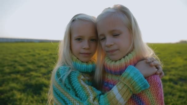 慢动作可爱的金发双胞胎小女孩站在一边 在新鲜的绿色草地上在后面的阳光 — 图库视频影像