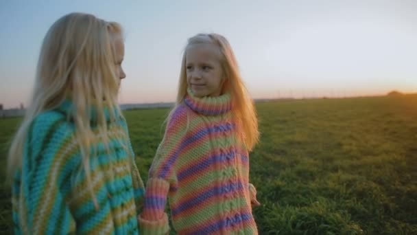 Niedlichen Kleinen Schwestern Spaß Sommer Feld Bei Sonnenuntergang — Stockvideo