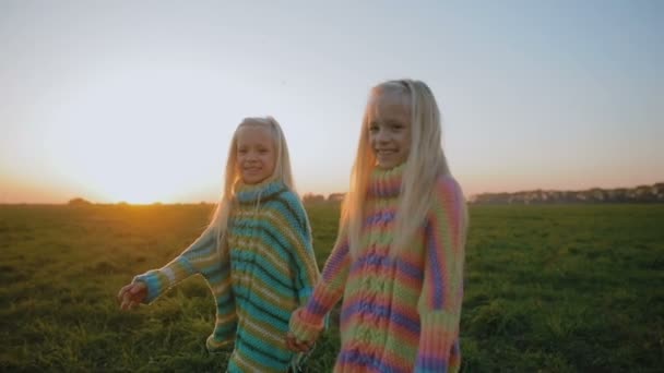 Śliczne Małe Siostry Zabawy Lato Pole Zachód Słońca — Wideo stockowe