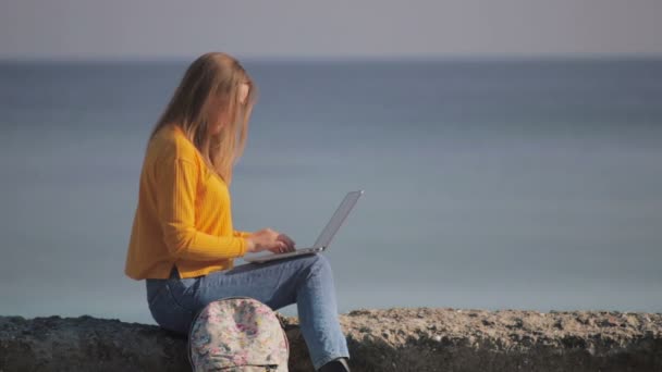 Attraktive Blonde Frau Texte Auf Laptop Sitzt Auf Barriere Meer — Stockvideo