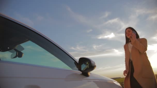 Hermosa Chica Largo Abrigo Marrón Viene Blanco Coche Habla Por — Vídeos de Stock