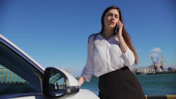 Beautiful Brunette Red Lipstick Talks Phone White Car Blue Sky — Stock Video